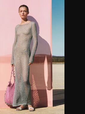 Mango Metallic Silver Open-Knit Maxi Cover-up Dress, NWT, L